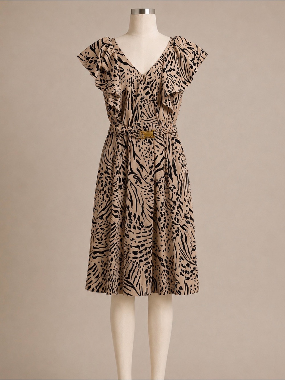H&M Animal Print Ruffle Dress Gold Buckle Mini Blush Pink Size 2